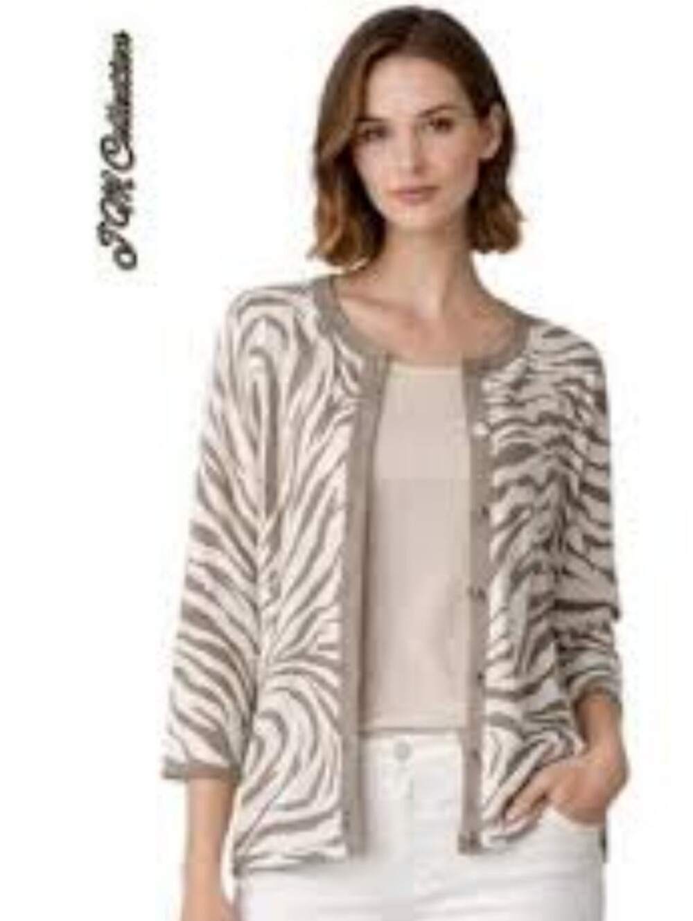 JM Collection Taupe and Cream Zebra-Print 3/4 Sleeve Light Knit Cardigan - P/L